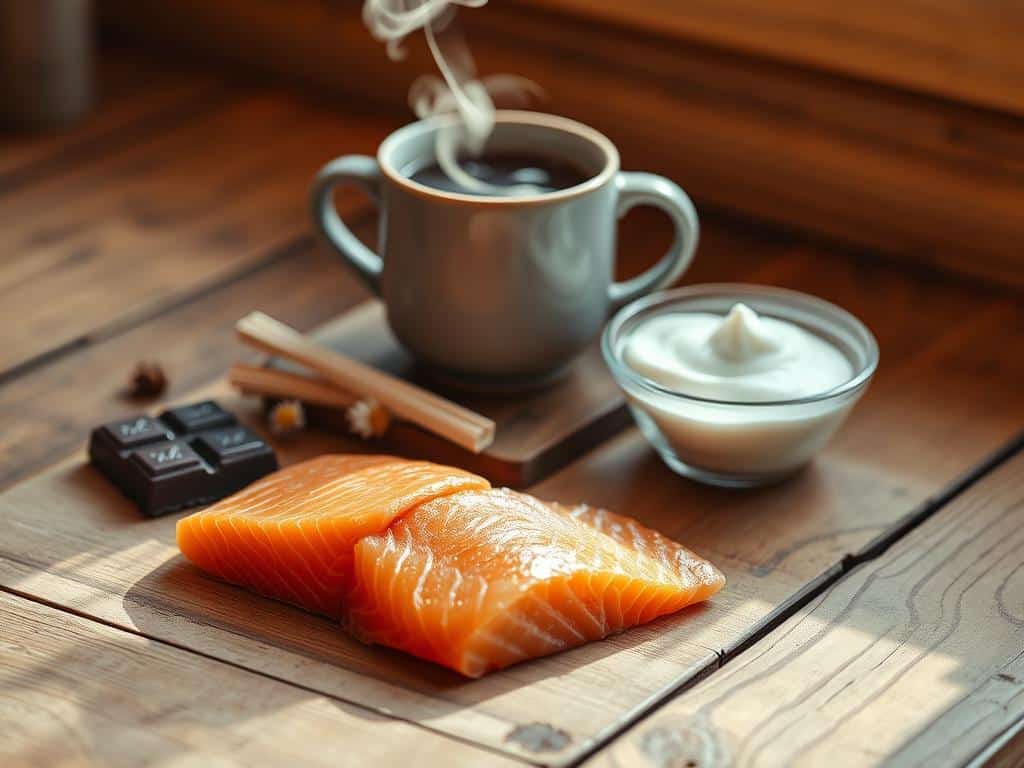 fatty fish, dark chocolate, chamomile tea, yogurt fatty fish, dark chocolate, chamomile tea, yogurt